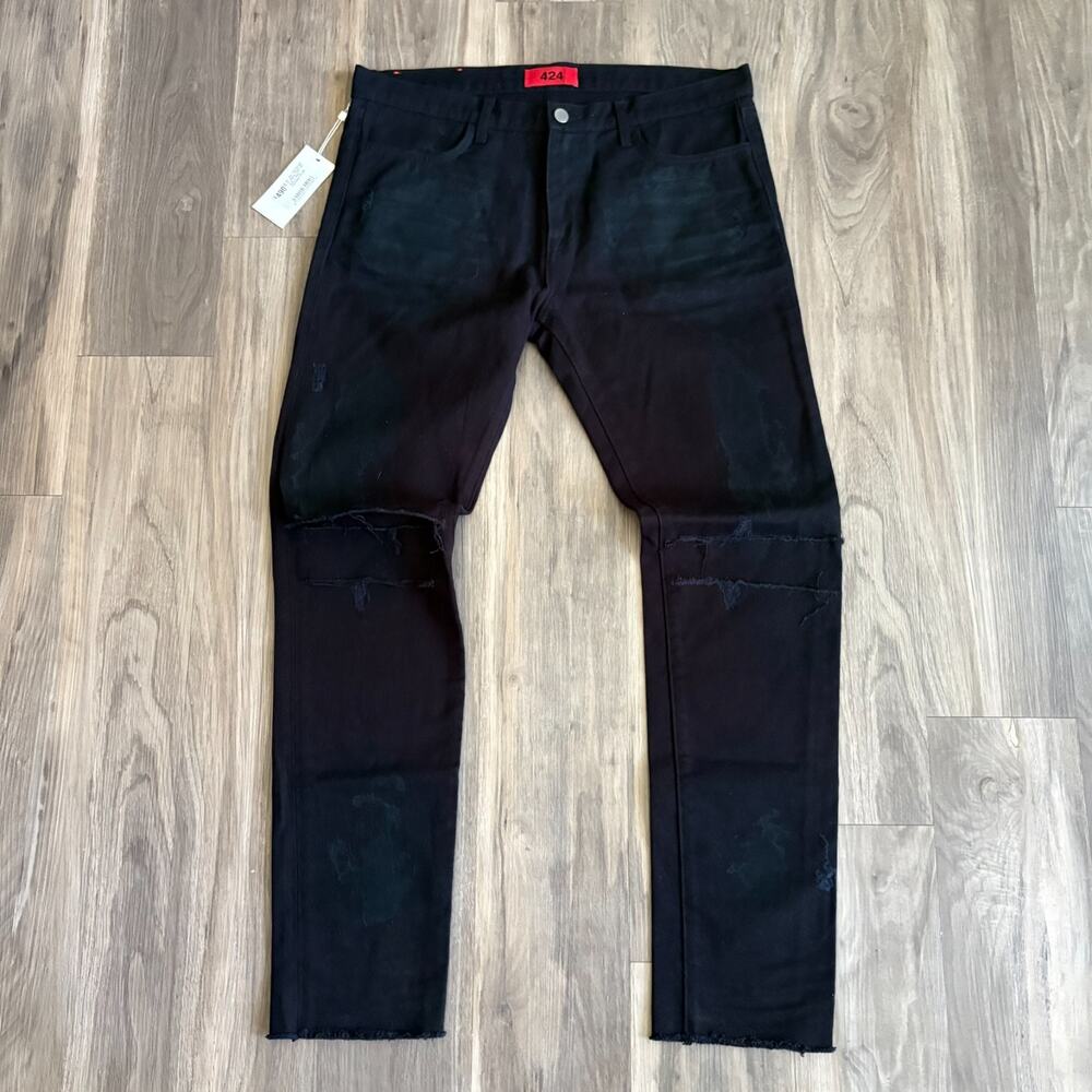 424 on Fairfax Jeans Men's Size 36x32 Black Skinny Denim Distressed NEW NWT